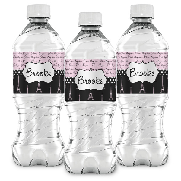Paris Bonjour and Eiffel Tower Water Bottle Labels - Front View