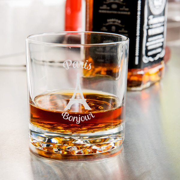 Paris Bonjour and Eiffel Tower Whiskey Glass - Jack Daniel's Bar - in use