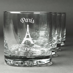 Paris Bonjour and Eiffel Tower Whiskey Glasses (Set of 4) (Personalized)