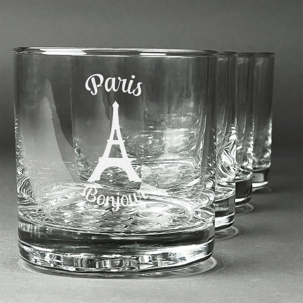 Custom Paris Bonjour and Eiffel Tower Whiskey Glasses (Set of 4) (Personalized)