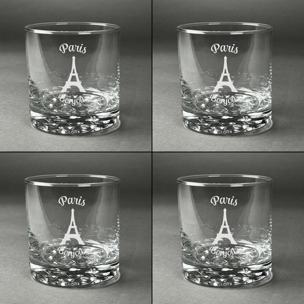 Paris Bonjour and Eiffel Tower Whiskey Glasses - Set of 4 all Engraved