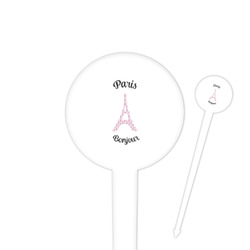 Paris Bonjour and Eiffel Tower 4" Round Plastic Food Picks - White - Single Sided (Personalized)