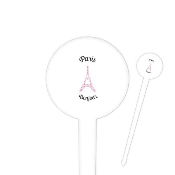 Custom Paris Bonjour and Eiffel Tower 4" Round Plastic Food Picks - White - Double Sided (Personalized)