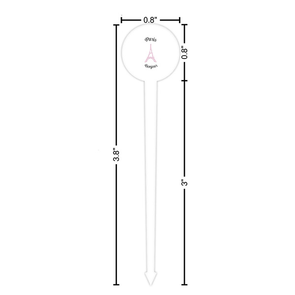 Paris Bonjour and Eiffel Tower White Plastic 4" Food Pick - Round - Dimensions