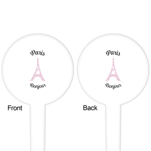 Paris Bonjour and Eiffel Tower White Plastic 4" Food Pick - Round - Double Sided - Front & Back