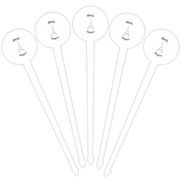 Paris Bonjour and Eiffel Tower White Plastic 4" Food Pick - Round - Fan View