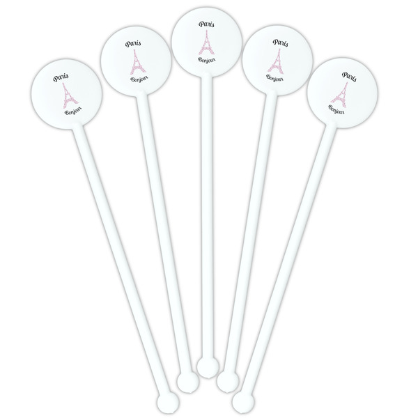 Paris Bonjour and Eiffel Tower White Plastic 5.5" Stir Stick - Fan View