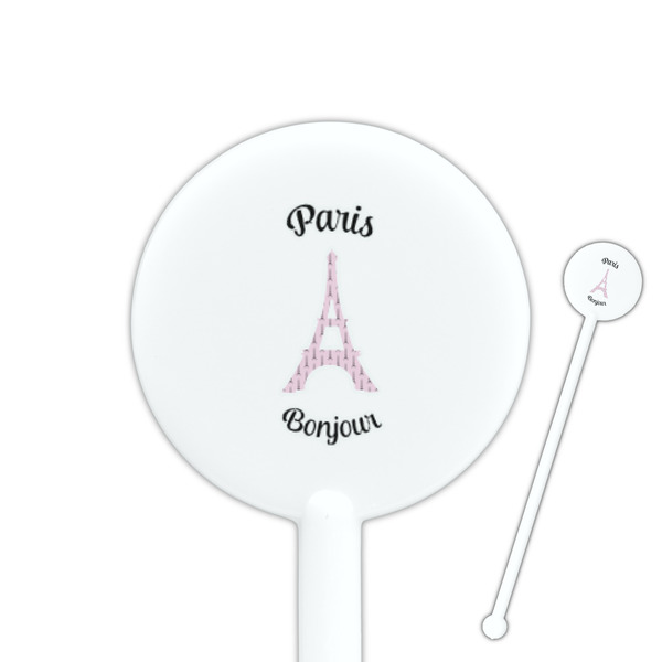 Custom Paris Bonjour and Eiffel Tower 5.5" Round Plastic Stir Sticks - White - Single Sided (Personalized)