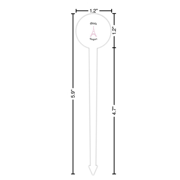 Paris Bonjour and Eiffel Tower White Plastic 6" Food Pick - Round - Dimensions