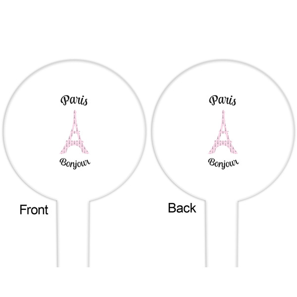Paris Bonjour and Eiffel Tower White Plastic 6" Food Pick - Round - Double Sided - Front & Back