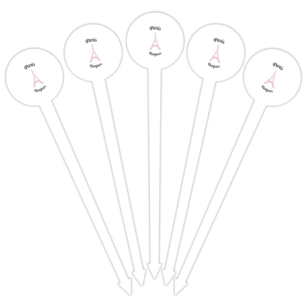 Paris Bonjour and Eiffel Tower White Plastic 6" Food Pick - Round - Fan View