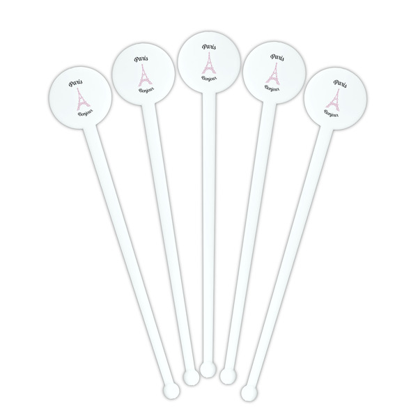 Paris Bonjour and Eiffel Tower White Plastic 7" Stir Stick - Round - Fan View