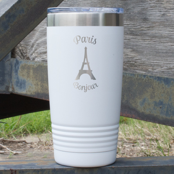 Custom Paris Bonjour and Eiffel Tower 20 oz Stainless Steel Tumbler - White - Single Sided (Personalized)