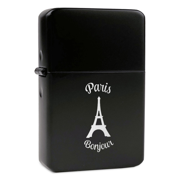 Custom Paris Bonjour and Eiffel Tower Windproof Lighter - Black - Single Sided & Lid Engraved (Personalized)