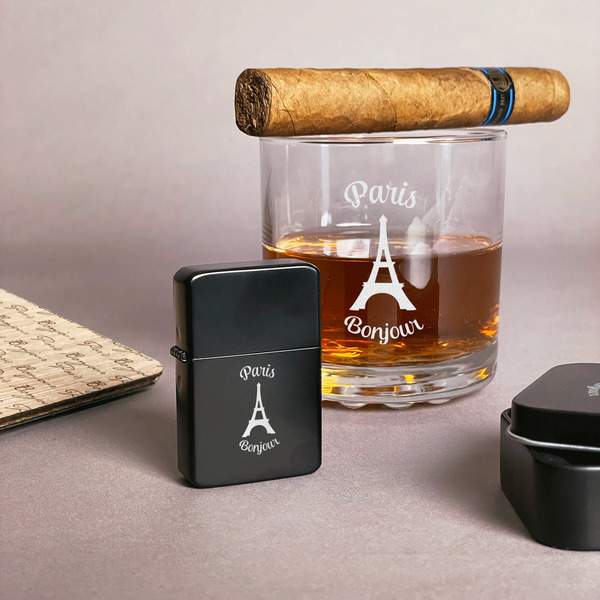 Paris Bonjour and Eiffel Tower Windproof Lighters - Black - In Context
