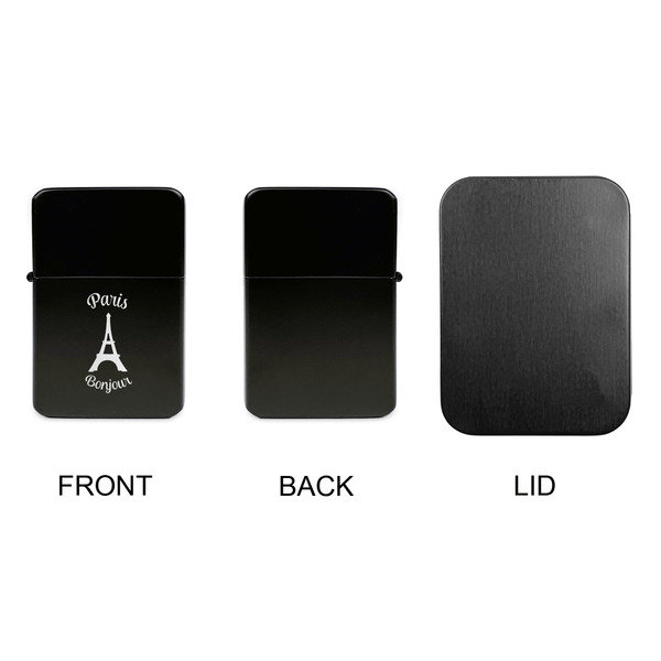 Paris Bonjour and Eiffel Tower Windproof Lighters - Black, Single Sided, No Lid - APPROVAL
