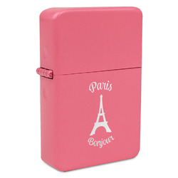Paris Bonjour and Eiffel Tower Windproof Lighter - Pink - Single Sided & Lid Engraved (Personalized)