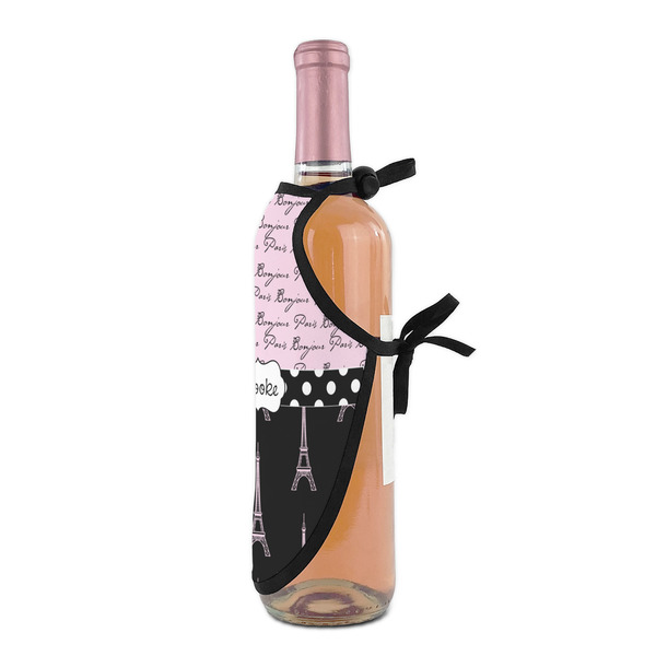 Paris Bonjour and Eiffel Tower Wine Bottle Apron - DETAIL WITH CLIP ON NECK