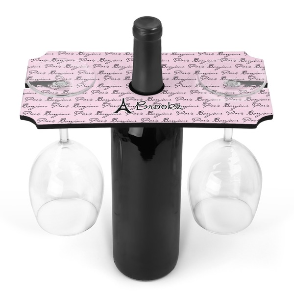 Custom Paris Bonjour and Eiffel Tower Wine Bottle & Glass Holder (Personalized)