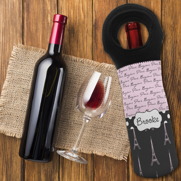 Paris Bonjour and Eiffel Tower Wine Tote Bag - FLATLAY