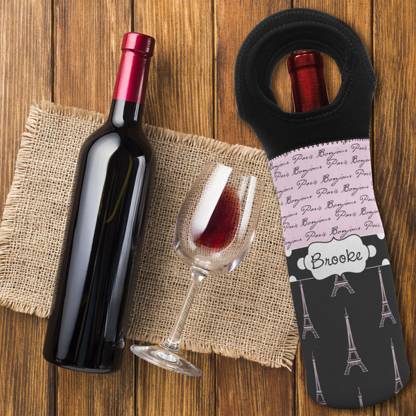 Paris Bonjour and Eiffel Tower Wine Tote Bag - FLATLAY