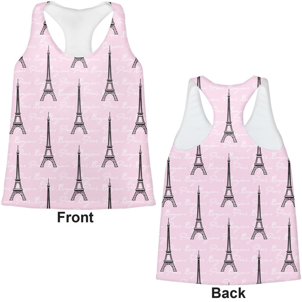 Paris Bonjour and Eiffel Tower Womens Racerback Tank Tops - Medium - Front and Back