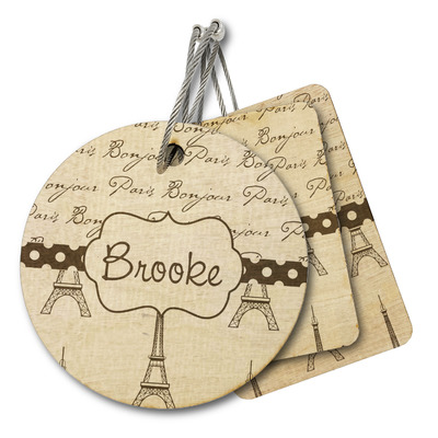 Paris Bonjour and Eiffel Tower Wood Luggage Tag (Personalized)