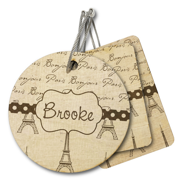 Custom Paris Bonjour and Eiffel Tower Wood Luggage Tag (Personalized)