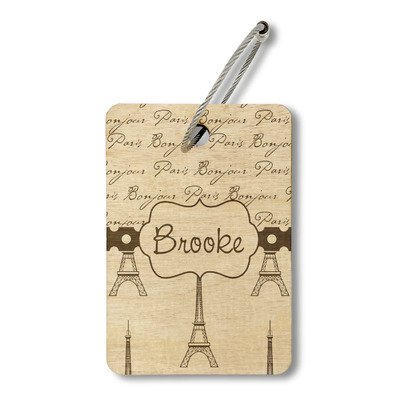 Paris Bonjour and Eiffel Tower Wood Luggage Tag - Rectangle (Personalized)