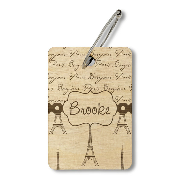 Custom Paris Bonjour and Eiffel Tower Wood Luggage Tag - Rectangle (Personalized)