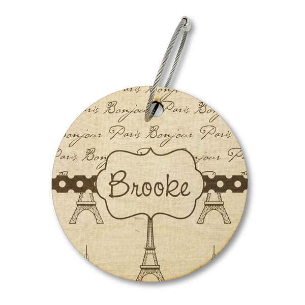 Custom Paris Bonjour and Eiffel Tower Wood Luggage Tag - Round (Personalized)