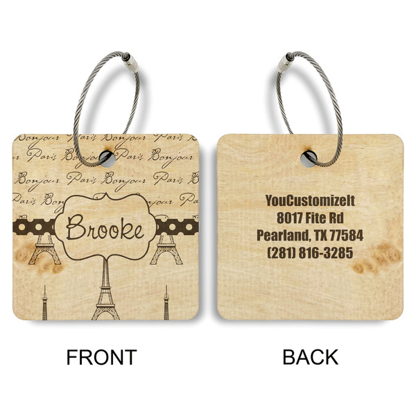 Paris Bonjour and Eiffel Tower Wood Luggage Tags - Square - Approval