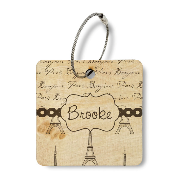 Custom Paris Bonjour and Eiffel Tower Wood Luggage Tag - Square (Personalized)