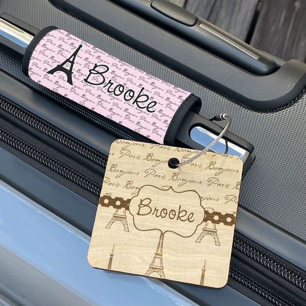 Paris Bonjour and Eiffel Tower Wood Luggage Tags - Square - Lifestyle