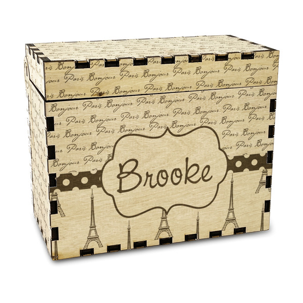 Custom Paris Bonjour and Eiffel Tower Wood Recipe Box - Laser Engraved (Personalized)