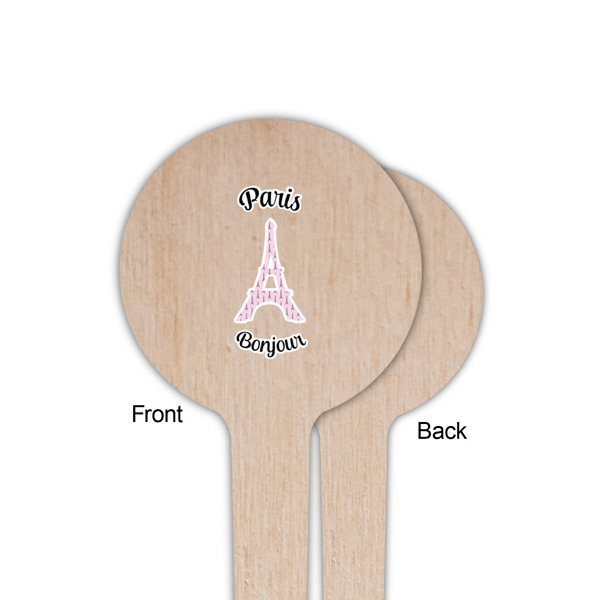 Paris Bonjour and Eiffel Tower Wooden 4" Food Pick - Round - Single Sided - Front & Back