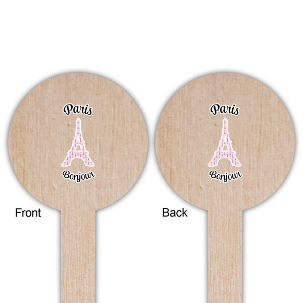 Paris Bonjour and Eiffel Tower Wooden 6" Food Pick - Round - Double Sided - Front & Back