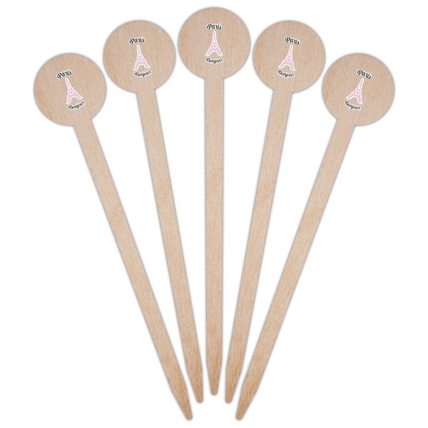 Paris Bonjour and Eiffel Tower Wooden 6" Food Pick - Round - Fan View