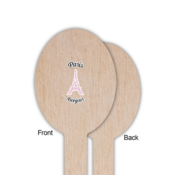 Paris Bonjour and Eiffel Tower Wooden Food Pick - Oval - Single Sided - Front & Back