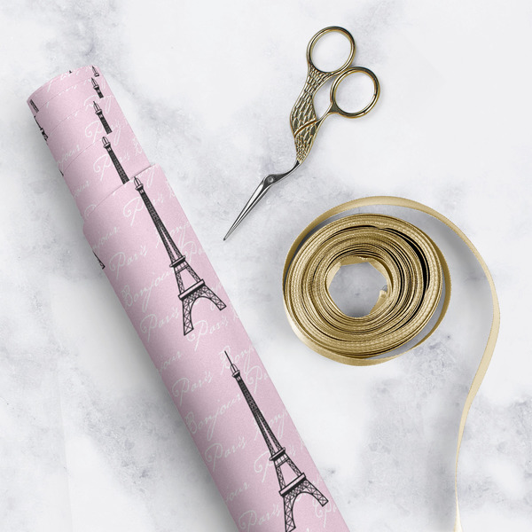 Paris Bonjour and Eiffel Tower Wrapping Paper Roll - Matte - In Context