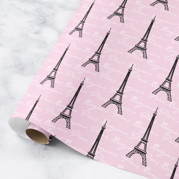 Custom Paris Bonjour and Eiffel Tower Wrapping Paper Roll - Medium