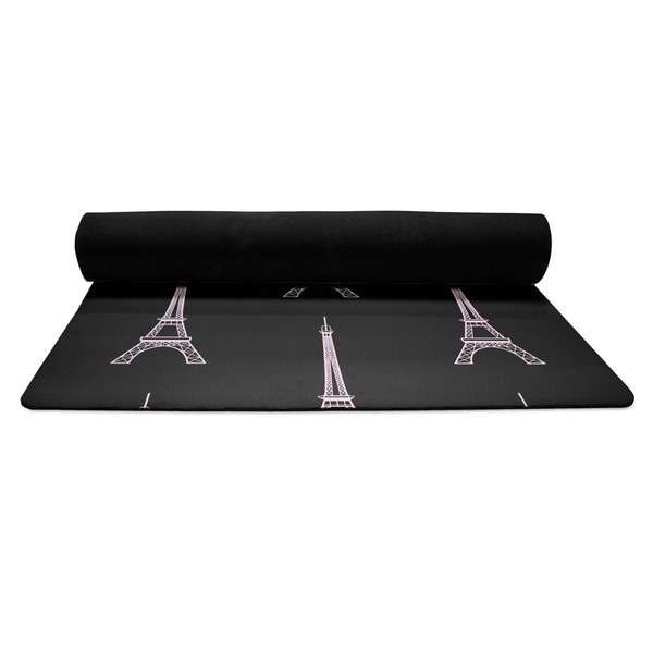 Paris Bonjour and Eiffel Tower Yoga Mat Rolled up Black Rubber Backing