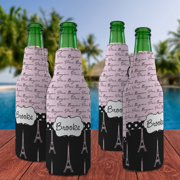 Paris Bonjour and Eiffel Tower Zipper Bottle Cooler - Set of 4 - LIFESTYLE