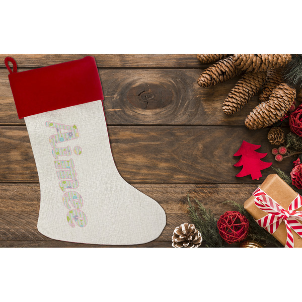 Girly Girl Linen Stocking w/Red Cuff - Flat Lay (LIFESTYLE)