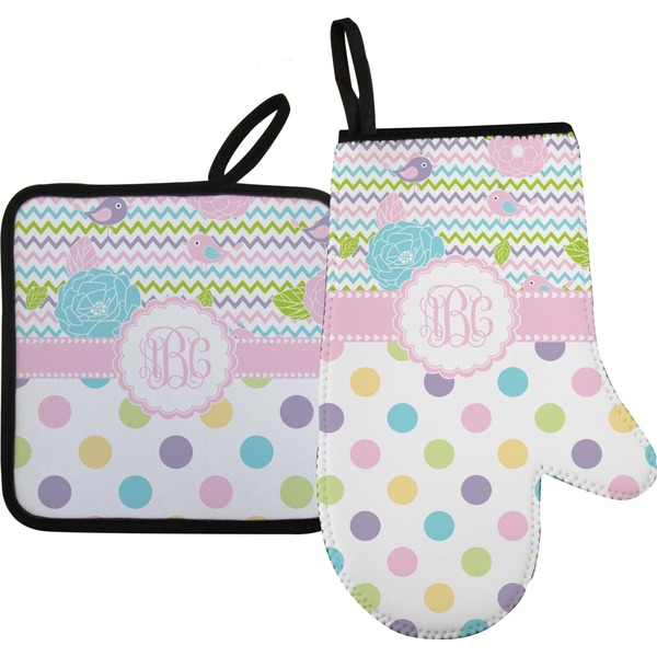Custom Girly Girl Right Oven Mitt & Pot Holder Set w/ Monogram