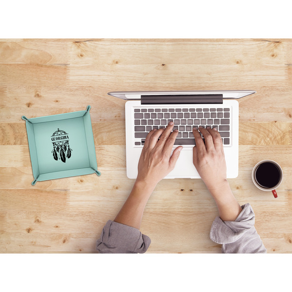 Dreamcatcher 6" x 6" Teal Leatherette Snap Up Tray - LIFESTYLE