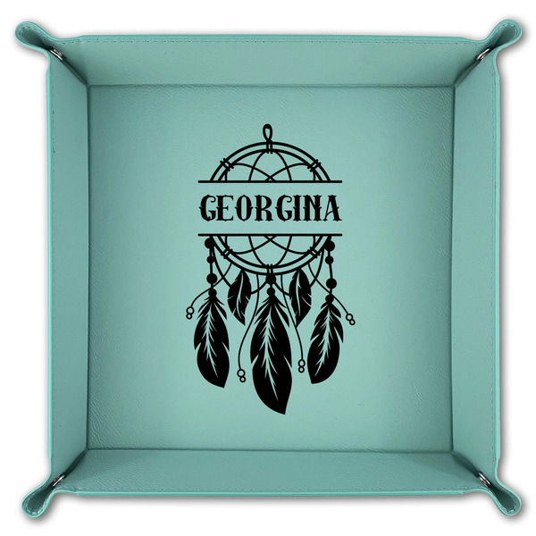 Dreamcatcher 9" x 9" Teal Leatherette Snap Up Tray - FOLDED