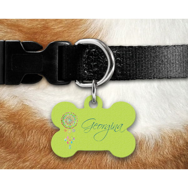 Dreamcatcher Bone Shaped Dog Tag on Collar & Dog
