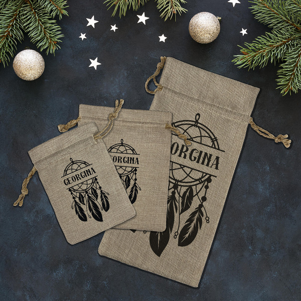 Dreamcatcher Burlap Gift Bags - LIFESTYLE (Flat lay)
