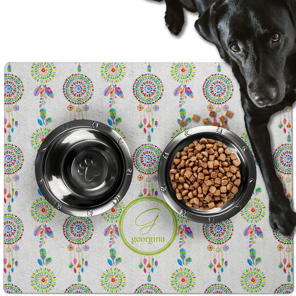 Custom Dreamcatcher Dog Food Mat - Large w/ Name and Initial